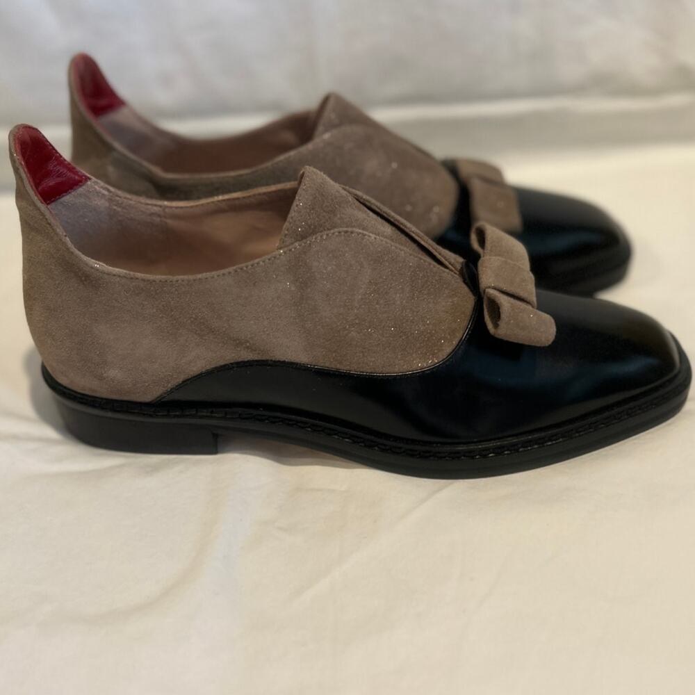 KK DODDS NWOB Leather Suede Bow Spat Loafer Tan Black Hand Crafted Italy 6.5/37 - Picture 3 of 6